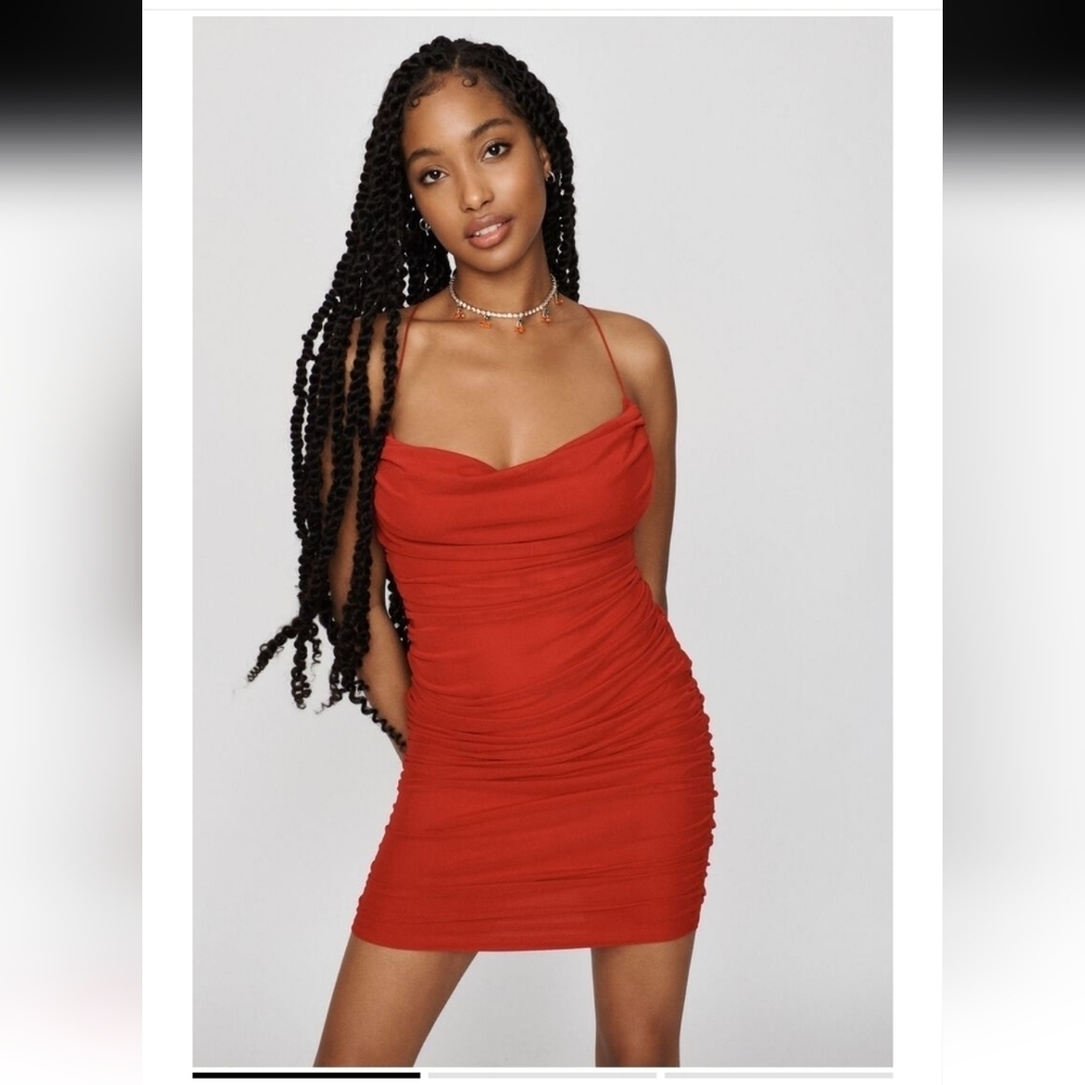GARAGE Morgan Mesh Ruched Cami Dress. Red. Medium. NWT
